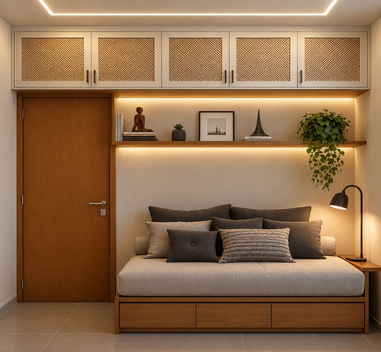 Quarto com cama embutida, armários superiores com palhinha e iluminação indireta