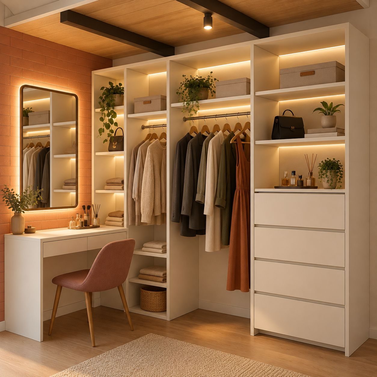 Closet aberto com penteadeira, gavetas e iluminação em LED