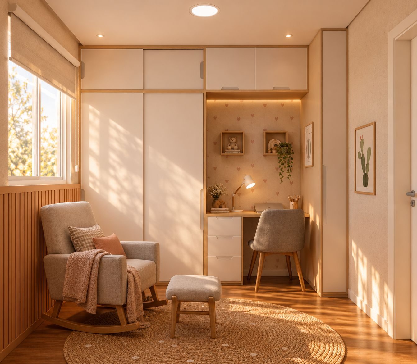 Quarto infantil com armário, escrivaninha e poltrona de amamentação