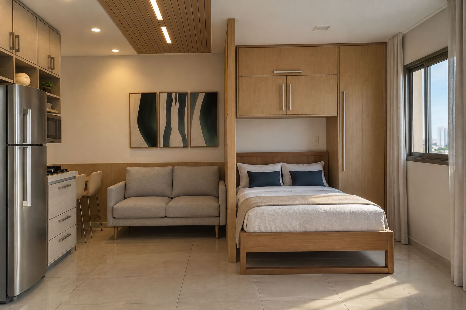 Studio compacto com cama, sofá e cozinha linear em marcenaria clara